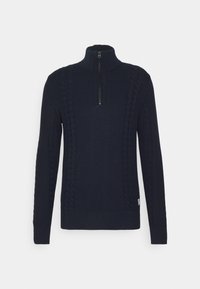 Mörkblå stickad tröja med hög krage och halvdragkedja, med kabelstickade mönster på framsidan och ribbade muddar och nederkant.