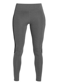 Leggings grigi con vita alta, dettagli laterali neri e una texture liscia. Il design è aderente, ideale per l'abbigliamento sportivo.