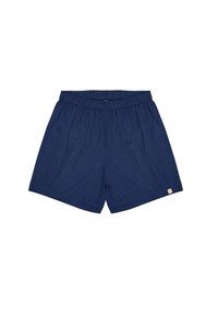 Marineblauwe shorts met een rasterpatroon, elastische tailleband, zijzakken en een klein logoopdruk aan de zoom. Lichtgewicht, ademende stof.
