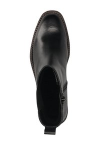 Schwarze Lederstiefelette mit glatter Oberfläche, niedrigem Absatz, seitlichem Reißverschluss und einer strukturierten braunen Sohle. Das Innere ist mit einem weichen Material ausgekleidet.