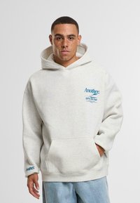 Sudadera gris claro con un bolsillo frontal, que presenta un logo gráfico azul en el pecho y en la manga. Material de mezcla de algodón con una textura suave.