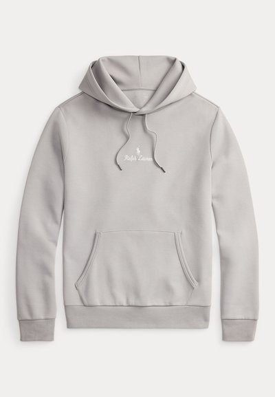 Moletom cinza claro da Ralph Lauren com bolso frontale tipo canguru, capuz com cordão e pequeno logótipo branco bordado no peito.
