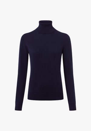 Marineblauer Rollkragenpullover aus weichem Strickstoff. Figurbetonter Schnitt mit langen Ärmeln und gerippten Akzenten am Kragen und an den Bündchen.