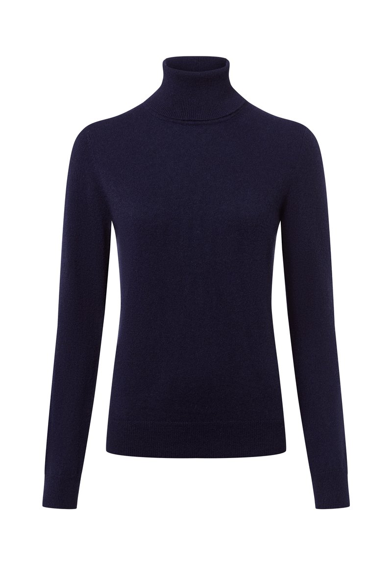 Marineblauer Rollkragenpullover aus weichem Strickstoff. Figurbetonter Schnitt mit langen Ärmeln und gerippten Akzenten am Kragen und an den Bündchen.