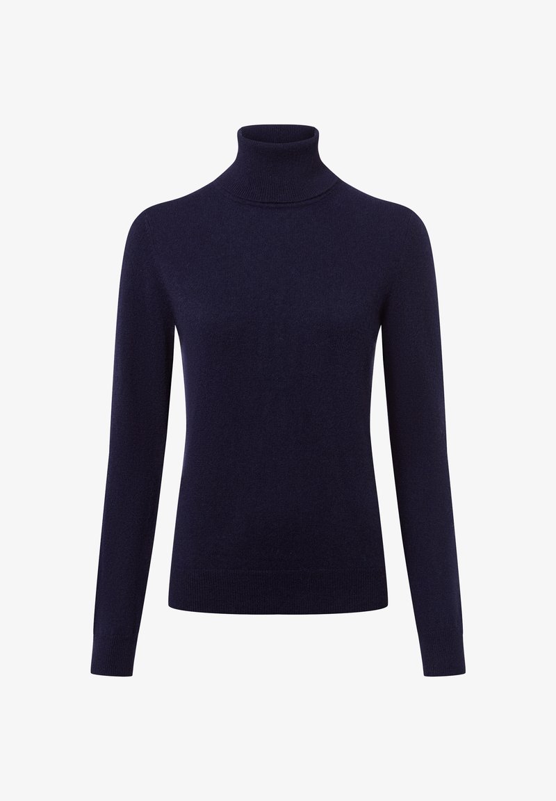 Marineblauer Rollkragenpullover aus weichem Strickstoff. Figurbetonter Schnitt mit langen Ärmeln und gerippten Akzenten am Kragen und an den Bündchen.
