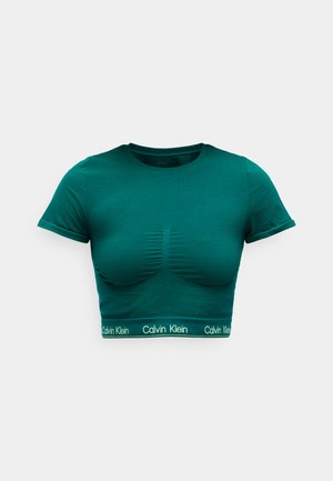 Top scurt cu mânecă, din bumbac de culoare teal închis, cu un design ajustat și un brâu contrastant alb cu logo-ul Calvin Klein.