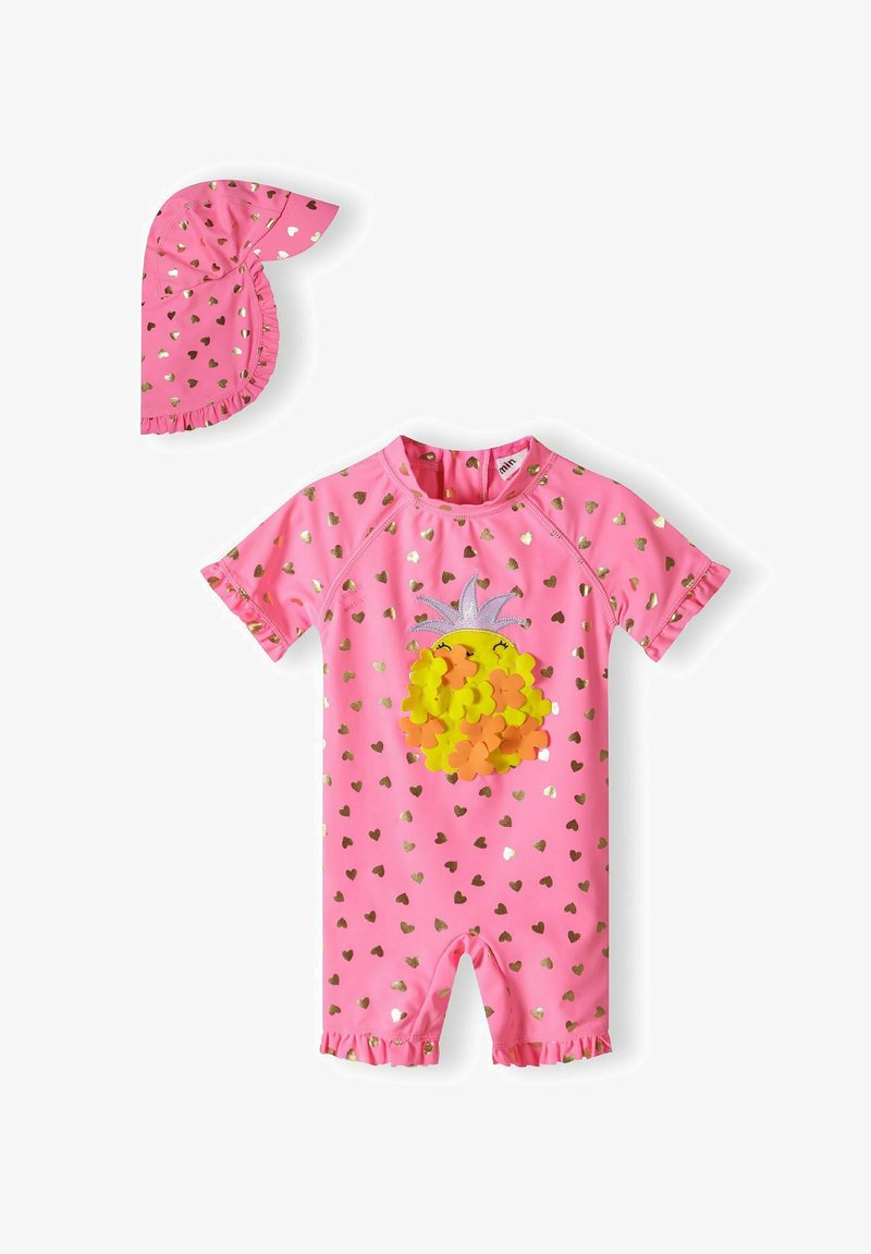 Roosa ühes tükis ujumistrikoo, millel on kuldsed südamemustrid, ananassikujundus koos värviliste kaunistustega ning volangkäised ja -kaelus.