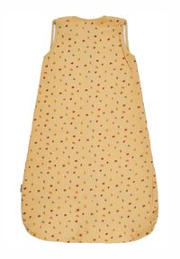 Gelber Schlafsack aus einem strukturierten, atmungsaktiven Stoff, mit einem gepunkteten Muster in Rost, Grau und Senfgelb. Ärmelloses Design.