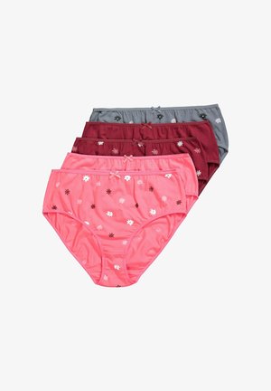 Neljä paria puuvillapantseja vaaleanpunaisena, burgundina ja harmaana. Jokaisessa on koristeellinen kukkakirjonta ja koristeellinen nauha vyötäröllä.