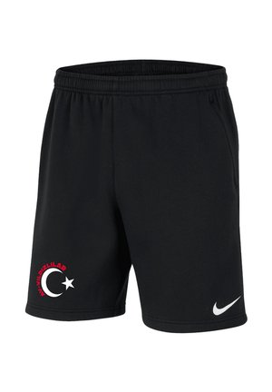 Sorte atletikshorts med elastisk talje, hvidt Nike-logo på højre ben og rød tekst med halvmåne og stjerne på venstre ben.