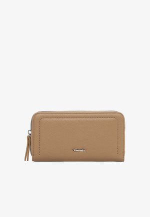 Tanlæder pung med lynlås rundt om, tekstureret overflade og lille sølvbrandlogo på forsiden i midten.