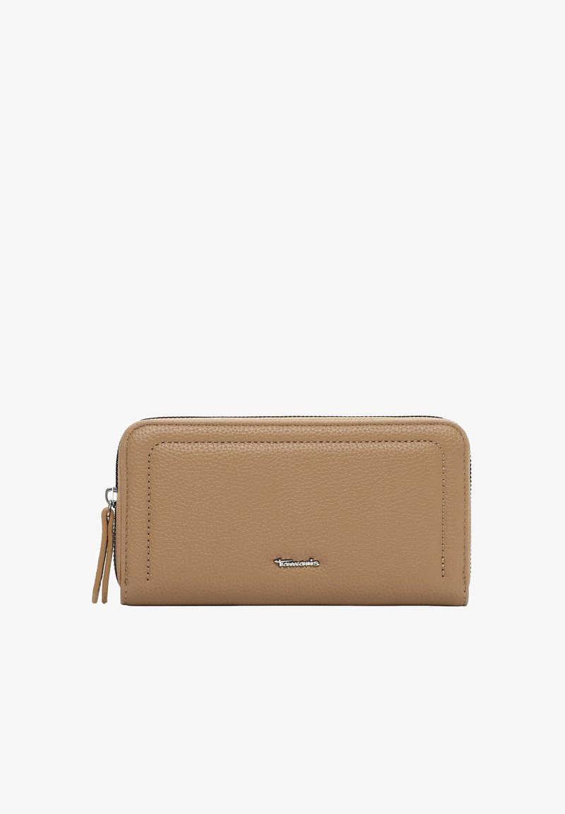 Braunes Leder-Portemonnaie mit Reißverschluss rundum, strukturierter Oberfläche und kleinem silbernem Markenlogo in der Mitte vorne.