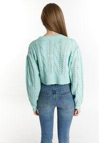 Maglione corto verde menta a trecce con un motivo testurizzato, caratterizzato da un collo rotondo e spalle scese, abbinato a jeans a vita alta.