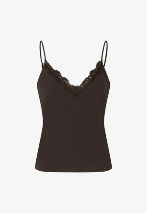 Sort ærmeløs camisole med tynde stropper og blondekant langs v-udskæringen, tætsiddende ved taljen.