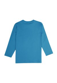 Camicia a maniche lunghe realizzata in cotone blu uniforme. Presenta un collo a giro e orlo dritto, senza motivi o grafiche visibili.
