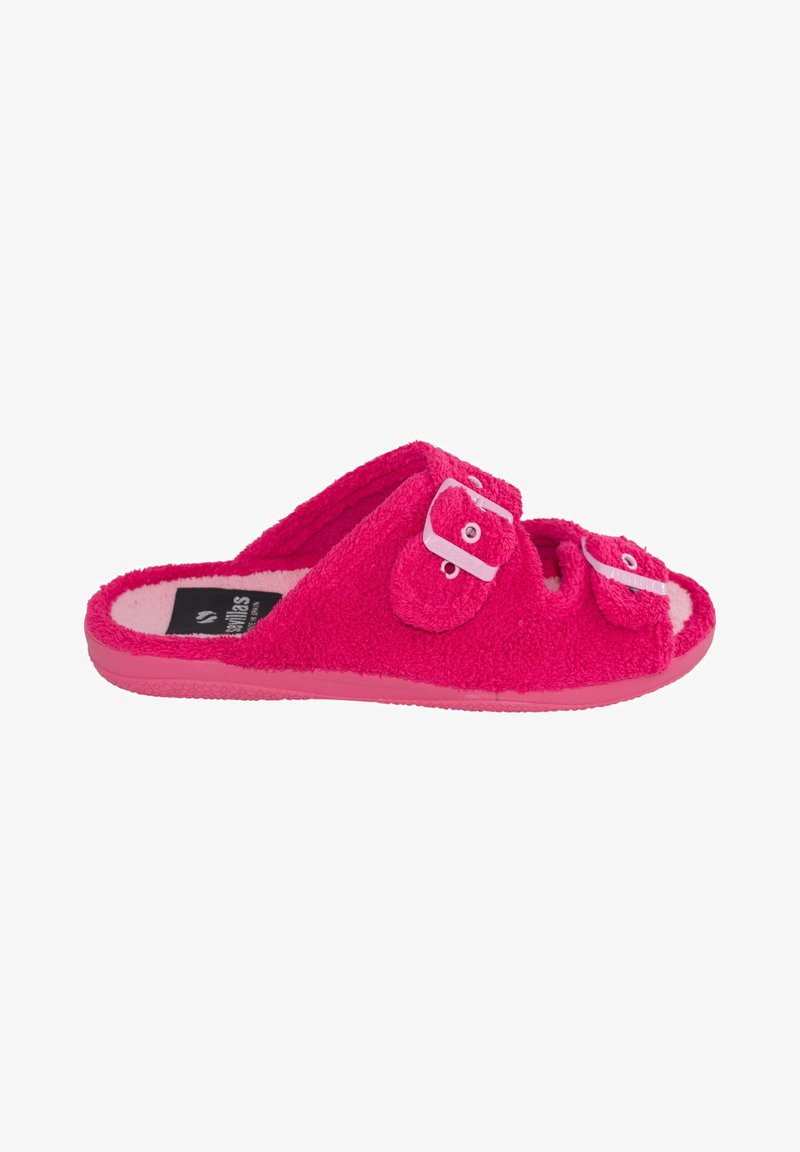 Sandalia tipo slide de tela de rizo rosa brillante con dos correas ajustables con hebilla y suela plana.