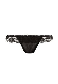 Zwarte kanten string met schulpachtige randen, doorschijnende textuur en complexe bloemmotieven, ontworpen voor een aangesloten en minimalistische stijl.