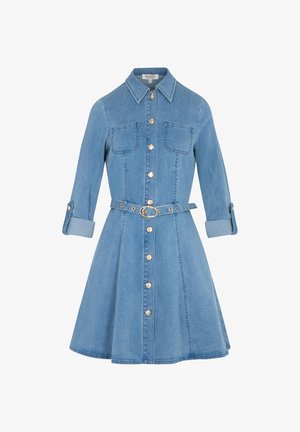Light blue denim dress with a fitted waist, button front, two chest pockets, and rolled cuffs. Features a belt with a round buckle.