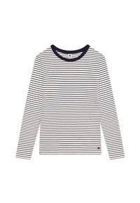 Camicia a maniche lunghe di colore bianco con righe orizzontali blu navy. Presenta un collo rotondo e un piccolo logo all'orlo inferiore sinistro. Tessuto morbido.