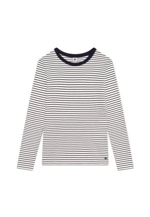 Wit shirt met lange mouwen en marineblauwe horizontale strepen. Heeft een ronde halslijn en een klein logo aan de onderkant links. Zachte stof.