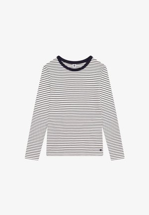 Long-sleeve shirt in white with navy horizontal stripes. Features a round neckline and a small logo at the lower left hem. Soft fabric texture.
