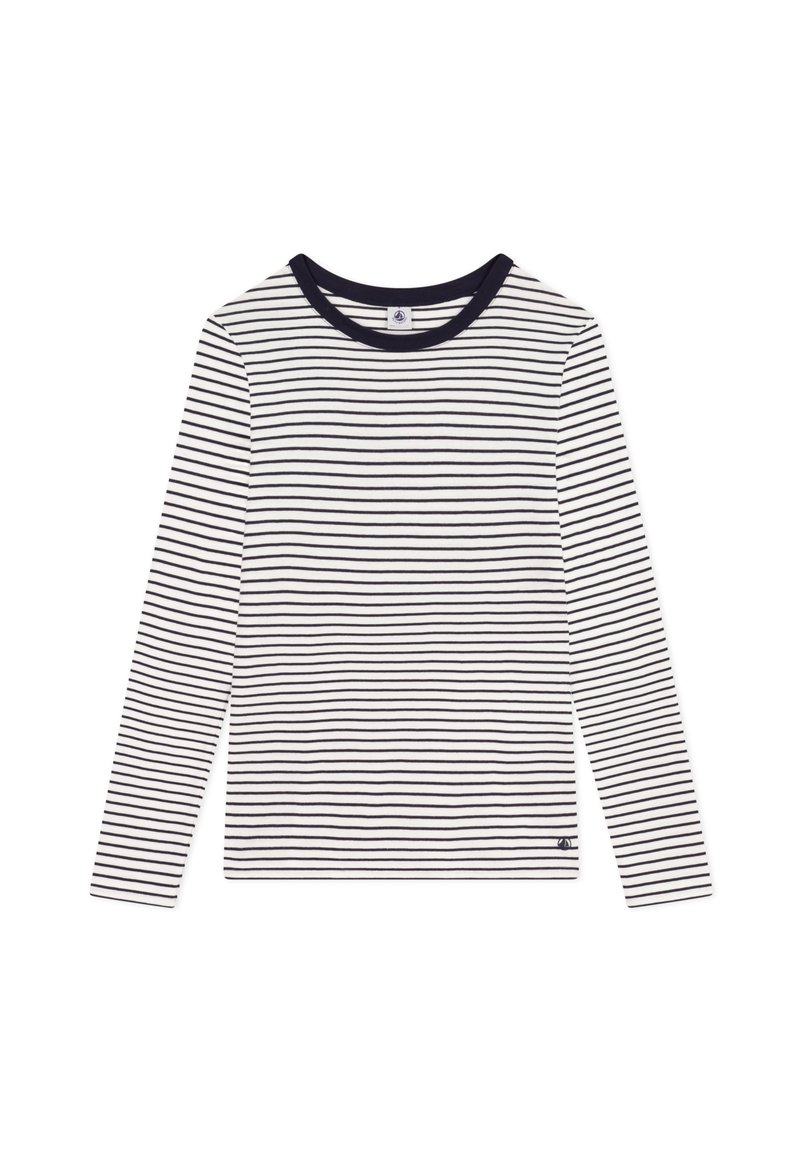 Camicia a maniche lunghe di colore bianco con righe orizzontali blu navy. Presenta un collo rotondo e un piccolo logo all'orlo inferiore sinistro. Tessuto morbido.