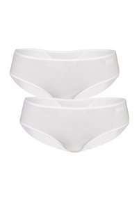 Mutande bianche in cotone con cinturino elastico e rifiniture. Tessuto liscio, design a vita bassa, include due paia impilati.