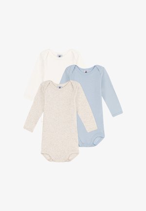 Tre langærmede baby bodystockings: en hvid, en lys blå og en beige med en subtil tekstur. Hver har en trykknaplukning i bunden.