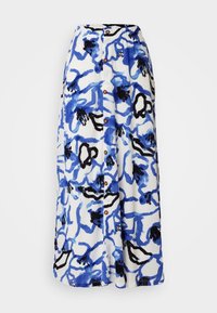 Maxisukně v bílé barvě s modrým a černým abstraktním květinovým vzorem. Má dřevěné knoflíky na přední straně a texturovanou látku.