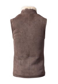 Brown suede sleeveless vest with a high collar, featuring cream faux fur lining at the neckline and a smooth, textured surface.