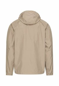 Beżowa lekka kurtka z kapturem i długimi rękawami, widziana od tyłu, z prostymi szwami i bez widocznych zapięć.