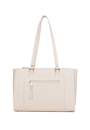 Beżowa torba typu tote z podwójnymi paskami na ramię, przednią kieszenią na zamek oraz złotymi elementami zamka i okuciami.