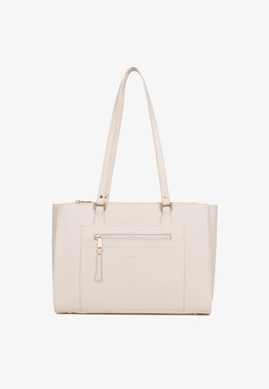 Borsa a mano in pelle color crema con doppi manici a spalla, tasca frontale con zip e dettagli in metallo color oro sulla cerniera e sulle finiture.