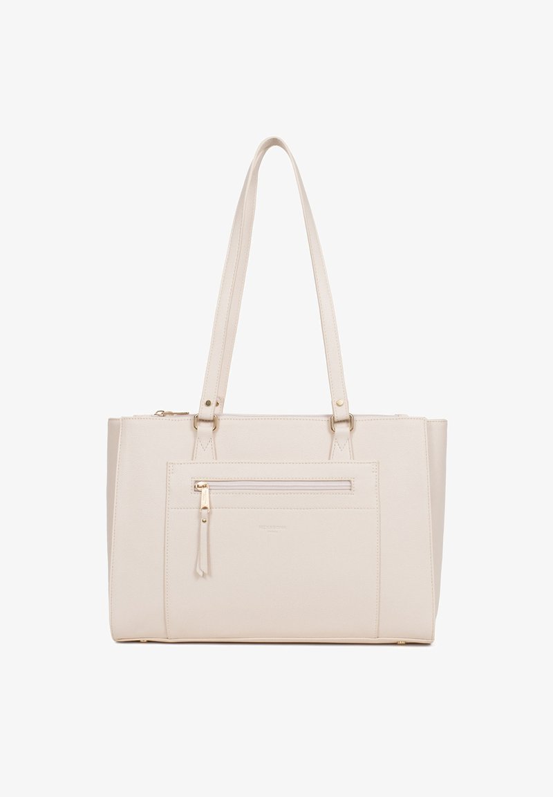 Roomkleurige leren handtas met dubbele schouderriemen, voorvak met ritssluiting en goudkleurige rits en hardware details.