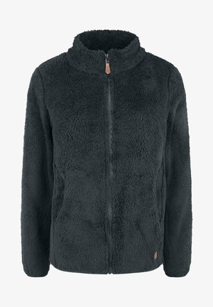 Pehmeä tummanharmaa fleece-takki, jossa on korkea kaulus, täysi vetoketju ja sivutaskut. Siinä on pieni nahkakoriste alahelman lähellä.