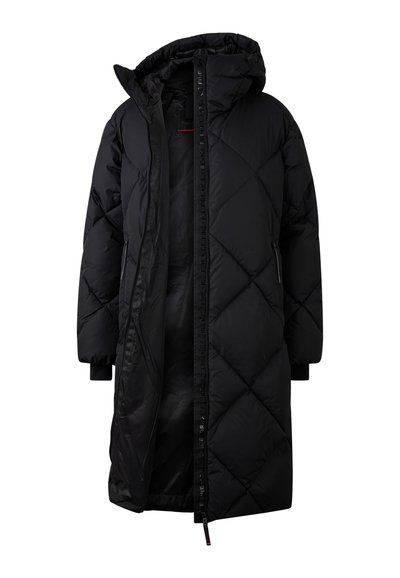 Zwarte donsjas met capuchon, voorzien van een doorgestikt ontwerp en zijritsen. De stof heeft een gladde, glanzende textuur met een volledige ritssluiting aan de voorkant.