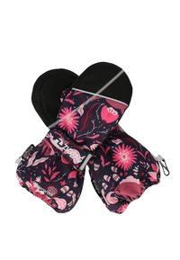 Patroon wanten met een zwarte basis en levendige roze bloemmotieven, vervaardigd van waterproof materiaal en voorzien van een verstelbare riem voor een veilige pasvorm.