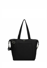 Borsa a tracolla nera con due manici e una tracolla rimovibile. Realizzata in tessuto liscio, presenta una placca con logo e chiusura con zip.