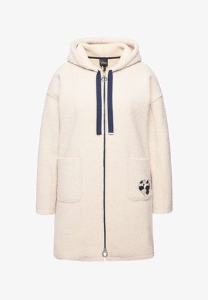 Cappotto in pile color crema con cappuccio, zip frontale, cordini blu navy, due tasche laterali e un patch a forma di pallone da calcio a cuori bianchi e neri.