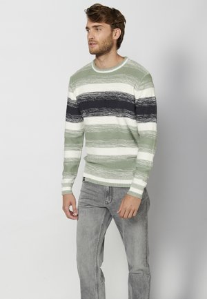 Gebreide trui met groene, witte en marineblauwe horizontale strepen, voorzien van een ronde hals en geribbelde manchetten, gecombineerd met grijze jeans.