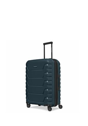 Dunkelblauer Hartschalenkoffer mit vier Rollen, ausziehbarem Teleskopgriff und seitlichem Tragegriff, steht aufrecht.