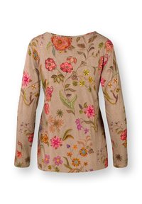 Embroidered long-sleeve top featuring floral patterns in vibrant colors on a beige fabric background, with a round neckline and relaxed fit.