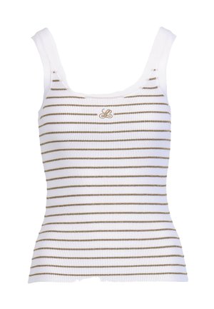 Débardeur blanc côtelé avec fines rayures horizontales dorées et petit logo "LS" brodé en or sur la poitrine.