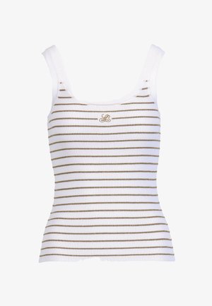 Top alb cu striații, cu dungi subțiri orizontale aurii și un mic logo "LS" brodat auriu pe piept.