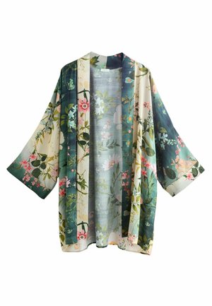 Floral-patterned kimono with wide sleeves, featuring a mix of colorful flowers on a dark green and cream background, displayed front-facing.