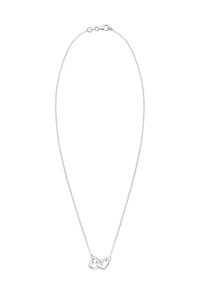 Silberne Halskette mit einer zarten Kette. Beinhaltet verwobene Herzanhänger, von denen einer mit kleinen, klaren Steinen verziert ist, um zusätzlichen Detailreichtum zu bieten.