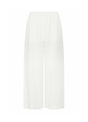Pantalon blanc à jambes larges avec taille élastique et fermeture par bouton, conçu pour une coupe ample et confortable.