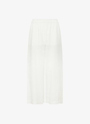 Pantalon blanc à jambes larges avec taille élastique et fermeture par bouton, conçu pour une coupe ample et confortable.