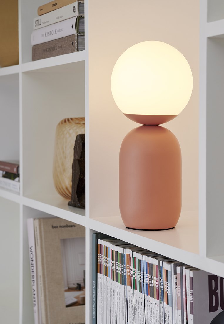 Lampada rotonda in vetro bianco opaco con base in terracotta matte. La lampada è posizionata su una mensola bianca con libri e oggetti decorativi.