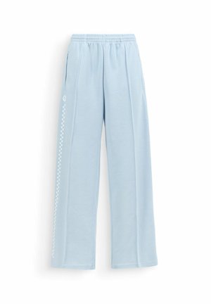 Pantaloni larghi da jogging azzurri con vita elastica e dettaglio a striscia a quadretti bianchi sulla gamba sinistra.